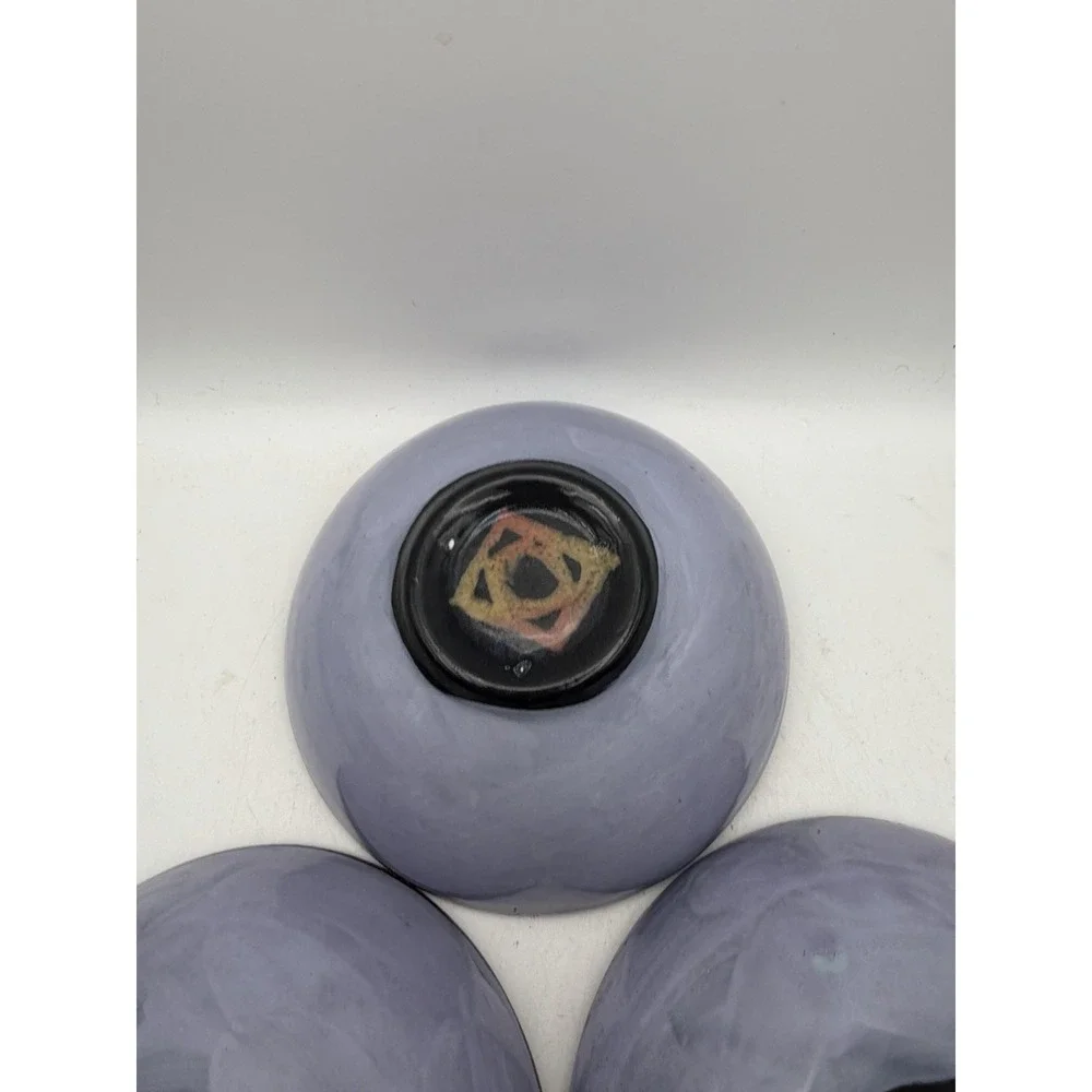 Set of 3 Hand Painted Art Pottery Bowls Purple Poppy Ladybug Signed Studio